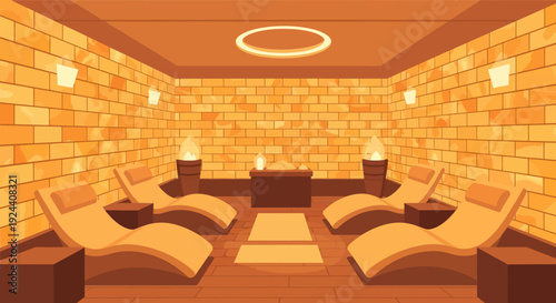 Warm orange lounge interior with curved seats and brick walls in a modern relaxation room.