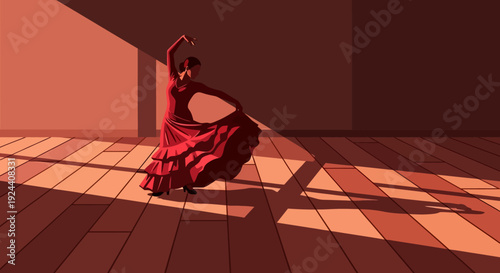 Graceful dancer seated in a red dress bathed in dramatic striped light on a wooden stage.