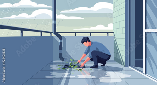 Person cleaning outdoor pavement on a rooftop terrace with water and sponge, mid-task and focused.