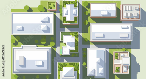 Aerial view of modern city blocks with rooftops, trees and structured grid layout.
