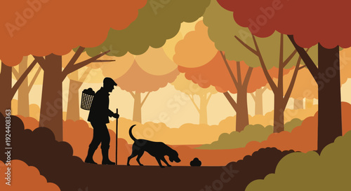Silhouetted Hiker and Dog Trek Through Autumn Forest at Sunset.