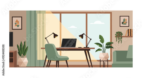Bright home office scene with desk, chair, laptop and plants creating a calm productive workspace.