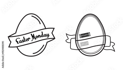 Easter Monday Badge and Ribbon Label Set with Egg-Shape Vintage Stamp Vector Illustration