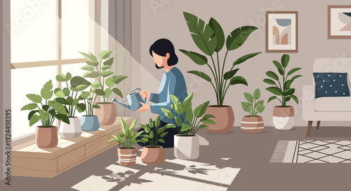 Sunlit living room filled with lush houseplants and cozy decor.
