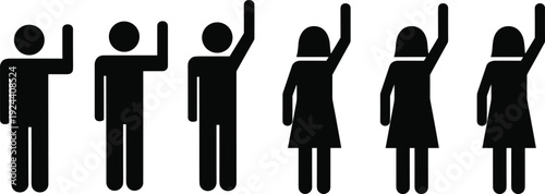 People silhouette, male and female icons, raised hand figures, black vector design, gender participation, voting concept, survey illustration, 