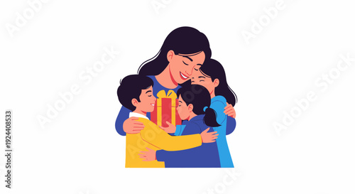 Mother Hugging Children Tightly.