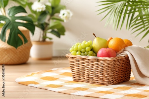 Wallpaper Mural Picnic Scene with Checkered Blanket and Fresh Fruits in a Basket Torontodigital.ca
