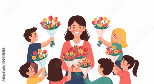 Mother Receiving Flowers Children.