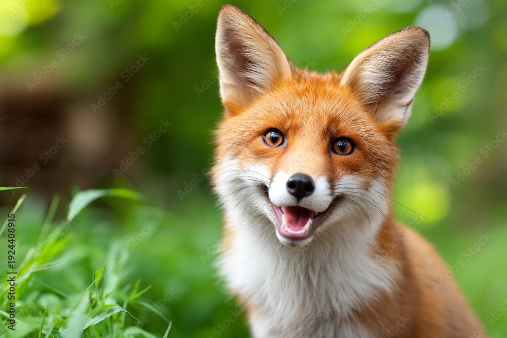 Fototapeta premium Playful Fox Smiling in Lush Grassland During Bright Sunny Day