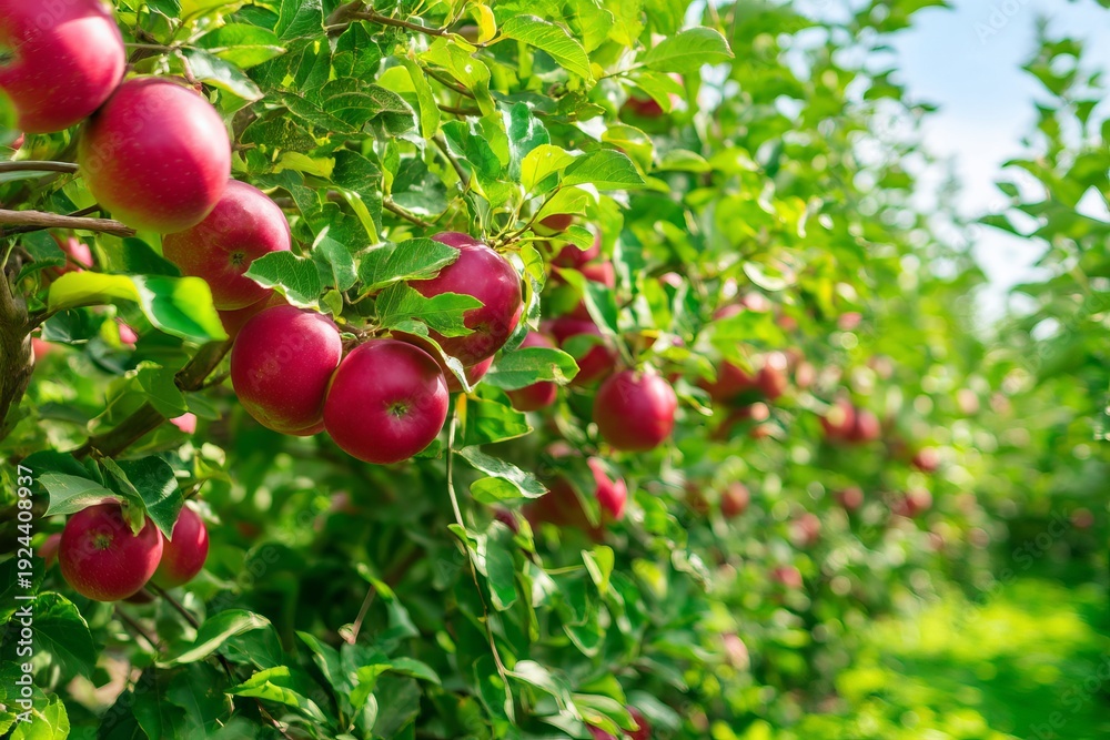 Obraz premium Vibrant Red Apples in Sunny Orchard Ready for Autumn Harvest Season