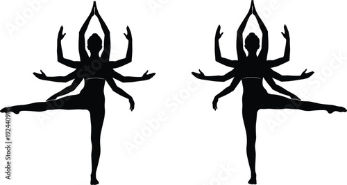 Symmetrical human silhouettes with multiple arms, balanced yoga pose, spiritual harmony, artistic design, deity-inspired, graceful movement, meditation