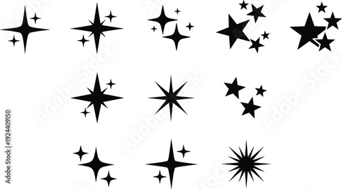 Star silhouette icons, sparkle vector set, black star shapes, decorative elements, twinkle symbols, graphic design, celestial clipart, night sparkle, starburst icons, glowing stars, minimal star art,