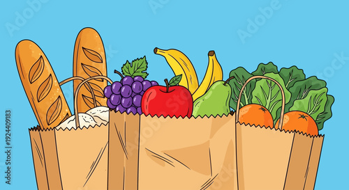 A full grocery bag with fresh fruits and bread against a blue background.