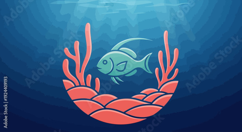 Minimalist flat vector illustration of a tropical fish swimming near coral in the blue ocean.