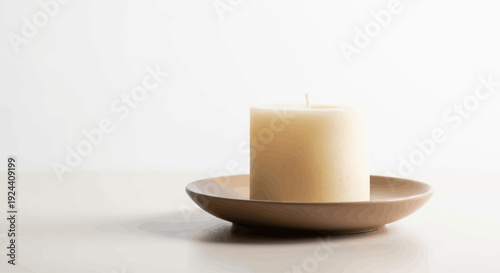 Minimalist white pillar candle on a ceramic plate against a clean white background.