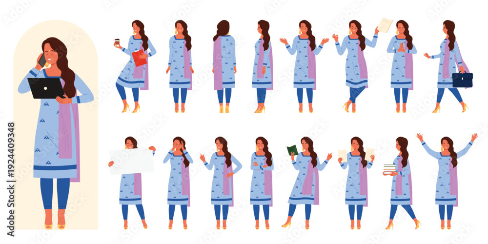 Obraz premium Poses and gestures of modern Indian woman set. Young businesswoman wearing Salwar Kameez, front back side view of standing lady with long hair holding document and book cartoon vector illustration