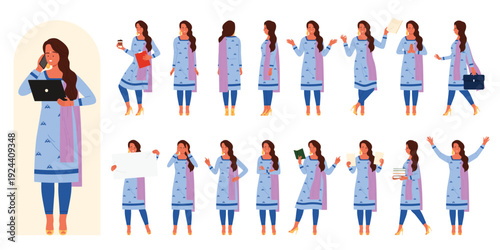 Poses and gestures of modern Indian woman set. Young businesswoman wearing Salwar Kameez, front back side view of standing lady with long hair holding document and book cartoon vector illustration