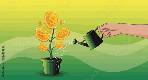 Watering a money tree, symbolizing financial growth and investment.