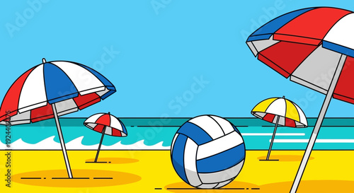 Summer beach vacation with volleyball and colorful umbrellas illustration.