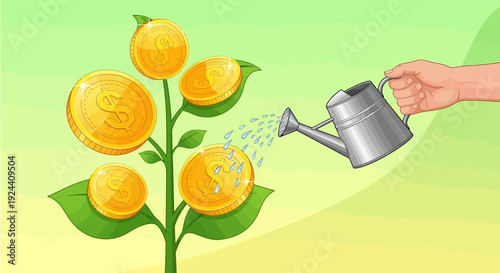 Hand watering a money tree with dollar coins