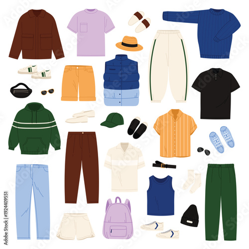 Casual men fashion clothes set. Comfort outfit of young man collection with jeans and pants, sport shoes and footwear, backpack and shirt with stripe in male wardrobe cartoon vector illustration