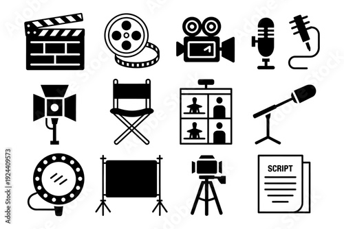 film production icons featuring a clapperboard, camera, microphone, director's chair, spotlight, and script, perfect for illustrating creative excellence, industry prestige, and top rank titles.