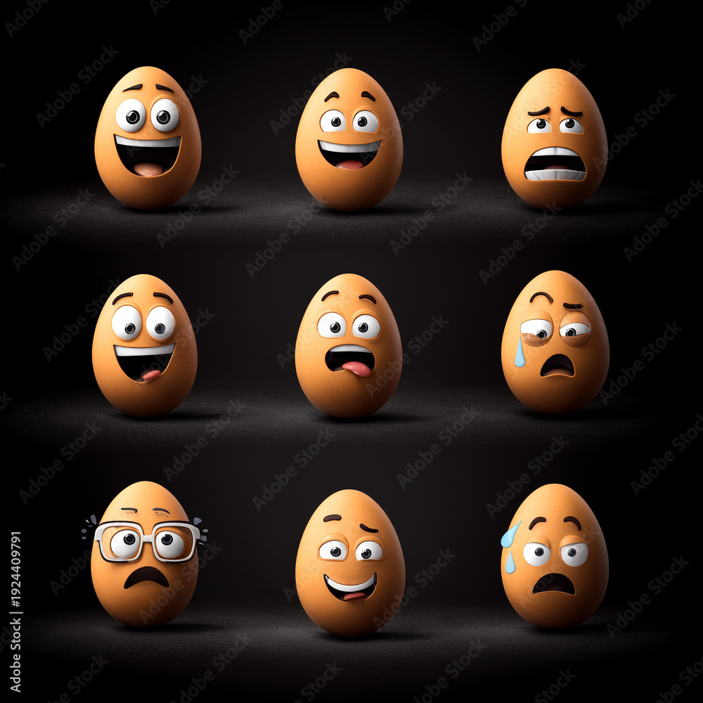 Obraz premium Collection of funny egg characters with diverse facial expressions isolated on black background. Creative set of emoticons depicting joy, fear, sadness, and surprise for design