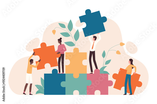 Teamwork and startup concept in flat vector with a giant puzzle, symbolizing collaboration and partnership. Includes team building, project management, group motivation, and brainstorming.