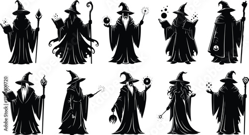 Wizard and witch silhouettes, black fantasy characters, magical poses and props, sorcery design elements, mystical illustration, enchanted graphic set