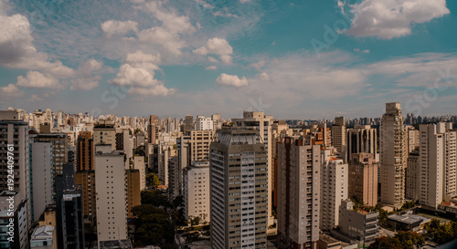 The skyline of the Jardins neighborhood in Sao Paulo, Brazil seen from a highrise rooftop