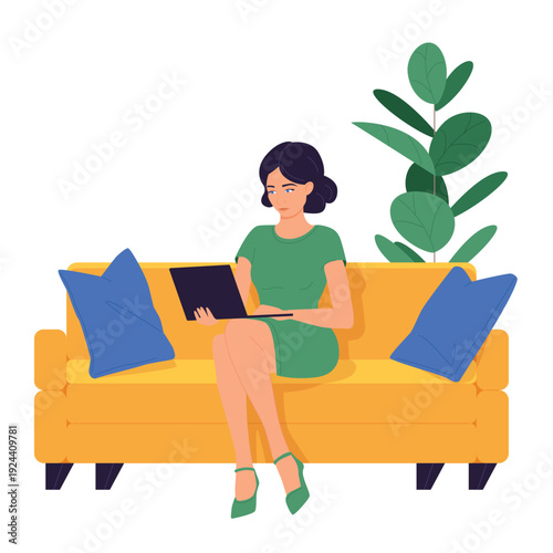 Vector illustration of a woman working on a laptop while seated on a sofa, symbolizing remote work, digital productivity, and modern lifestyle.
