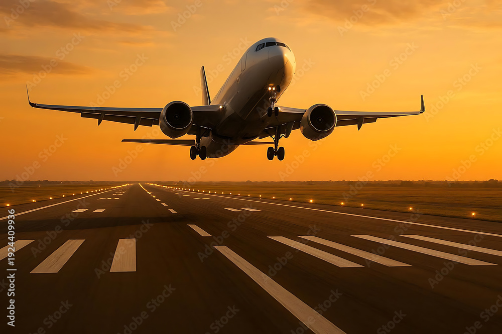 Fototapeta premium A dynamic scene captures a large commercial jet taking off from a wide airport