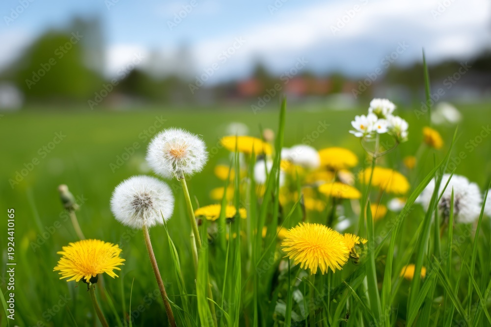 Fototapeta premium Vibrant Wildflower Meadow in Spring in Sweden Under a Clear Blue Sky