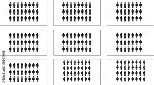 Black silhouette vector illustrations of grouped people icons arranged in grid boxes, symbolizing population data, statistics, and demographic visualization for creative projects.