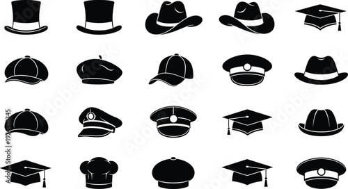 Hat silhouette vector illustration set, fashion clipart bundle, headwear design icons, costume graphics, stylish accessory shapes, black outlines