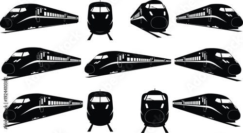 High-speed train silhouette vector set, modern railway clipart, commuter rail icons, transportation design bundle, locomotive illustration, aerodynamic shapes