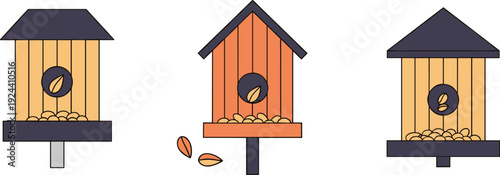 Three simple flat design bird feeders filled with seeds and one with scattered seeds