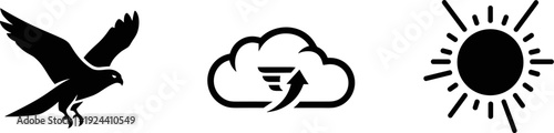 Three simple black icons: a bird in flight, a cloud with an upload arrow, and a sun
