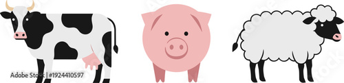 Farm animals illustration featuring a cow, pig, and sheep in a simple flat design style