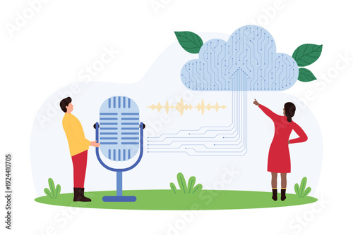 Concept of tiny people using a large microphone to record audio data into a digital cloud with circuit patterns, symbolizing cloud sound storage and technology isolated vector illustration