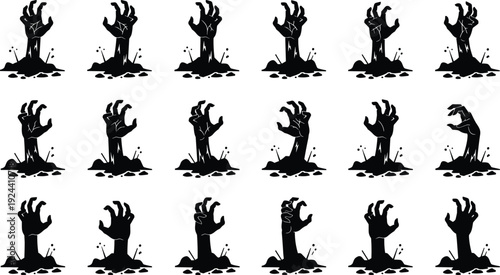Zombie hand silhouette vector set, Halloween clipart, spooky graveyard icons, horror design bundle, undead illustration graphics, creepy rising hands