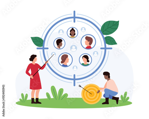 Business people targeting diverse audience profiles with crosshair and bullseye, symbolizing marketing strategy, customer segmentation, and audience analysis on isolated white background vector