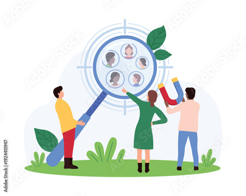 Business team analyzing target audience with magnifying glass and magnet, representing customer attraction, segmentation, and marketing strategy on white isolated background vector illustration
