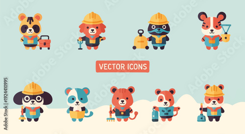 Cute Animal Worker Vector Icons Collection: Adorable Cartoon Characters in Construction & Maintenance Roles with Tools and Hard Hats
