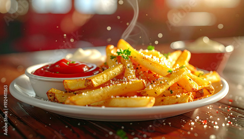 Steaming hot French fries with ketchup and herbs served on a wooden table, close-up view (146)