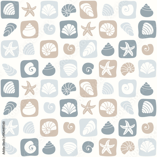 Minimalist shell square tile art. Muted ocean icon pattern. Scandinavian beach background. Summer themed wallpaper vector. starfish, seashell silhouettes grid seamless texture