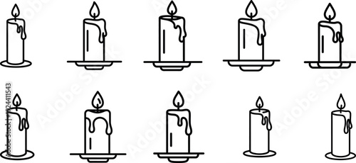 Burning wax candle vector icon set featuring lit flames and melting wax drops on plates in simple black line art style for religious worship spiritual memorial designs and festive holiday decorations.