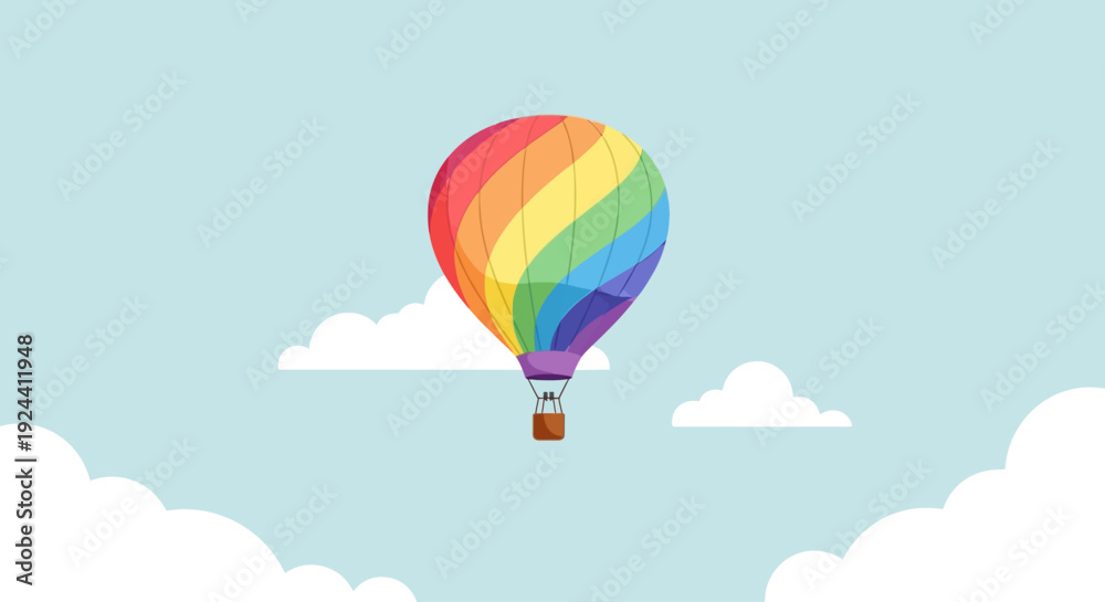 Obraz premium Rainbow hot air balloon floating in a blue sky with clouds.