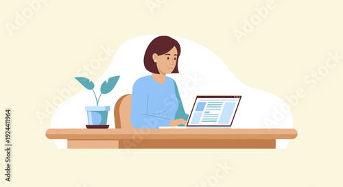 Woman working on laptop at her desk in a flat vector style illustration