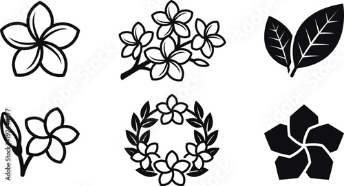 Plumeria frangipani flower line art icon set